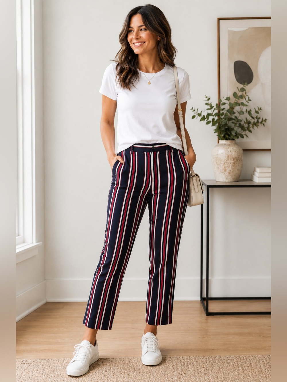 H&M Navy Red Stripe Ankle Pants Size 6 Career Casual Trousers.